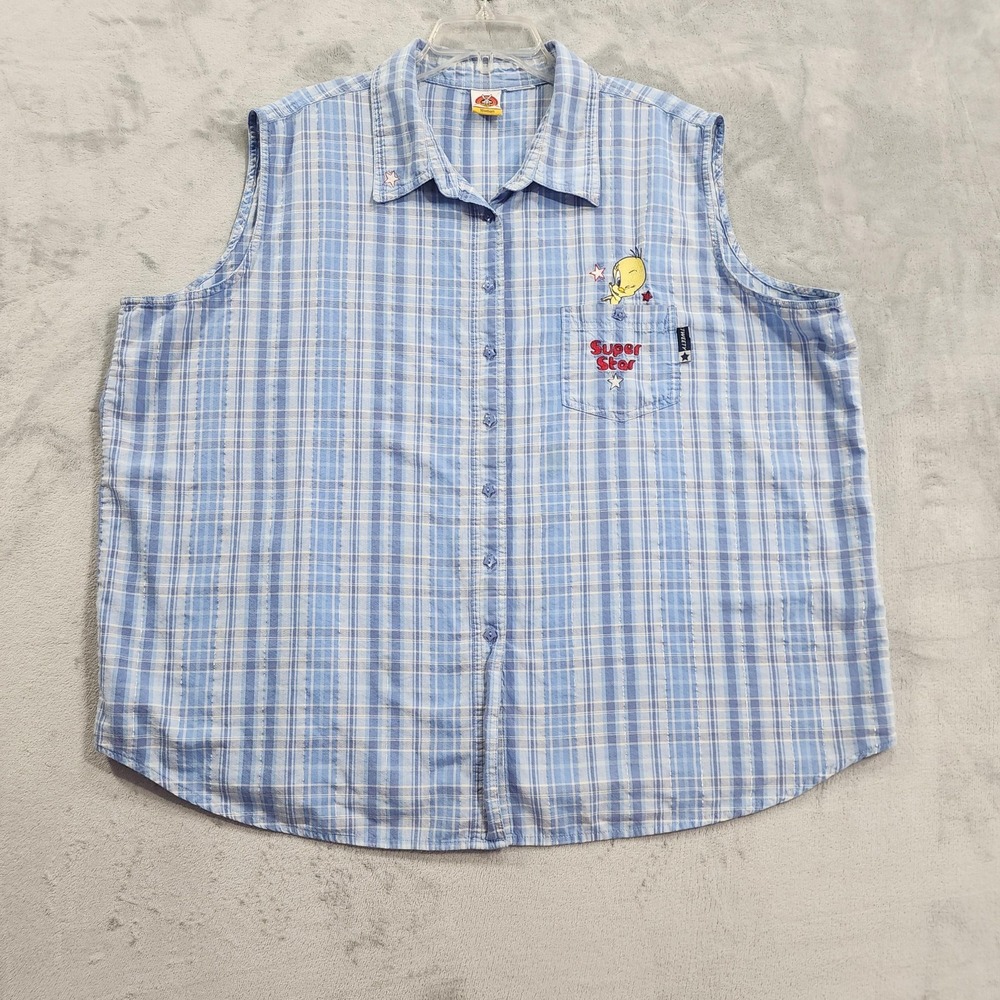 Vintage Looney Tunes Shirt Womens 3X Blue Plaid Tweety Bird Superstar Sleeveless
